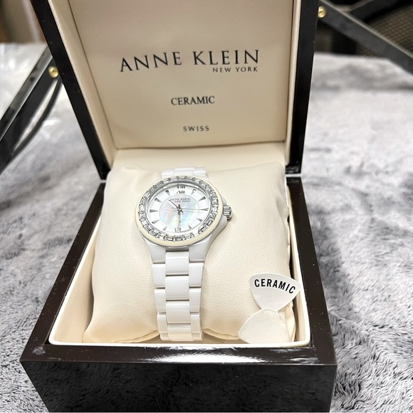 Anne Klein New York White Ceramic Crystal Pearl Watch 12/2075WMWB - Picture 1 of 8